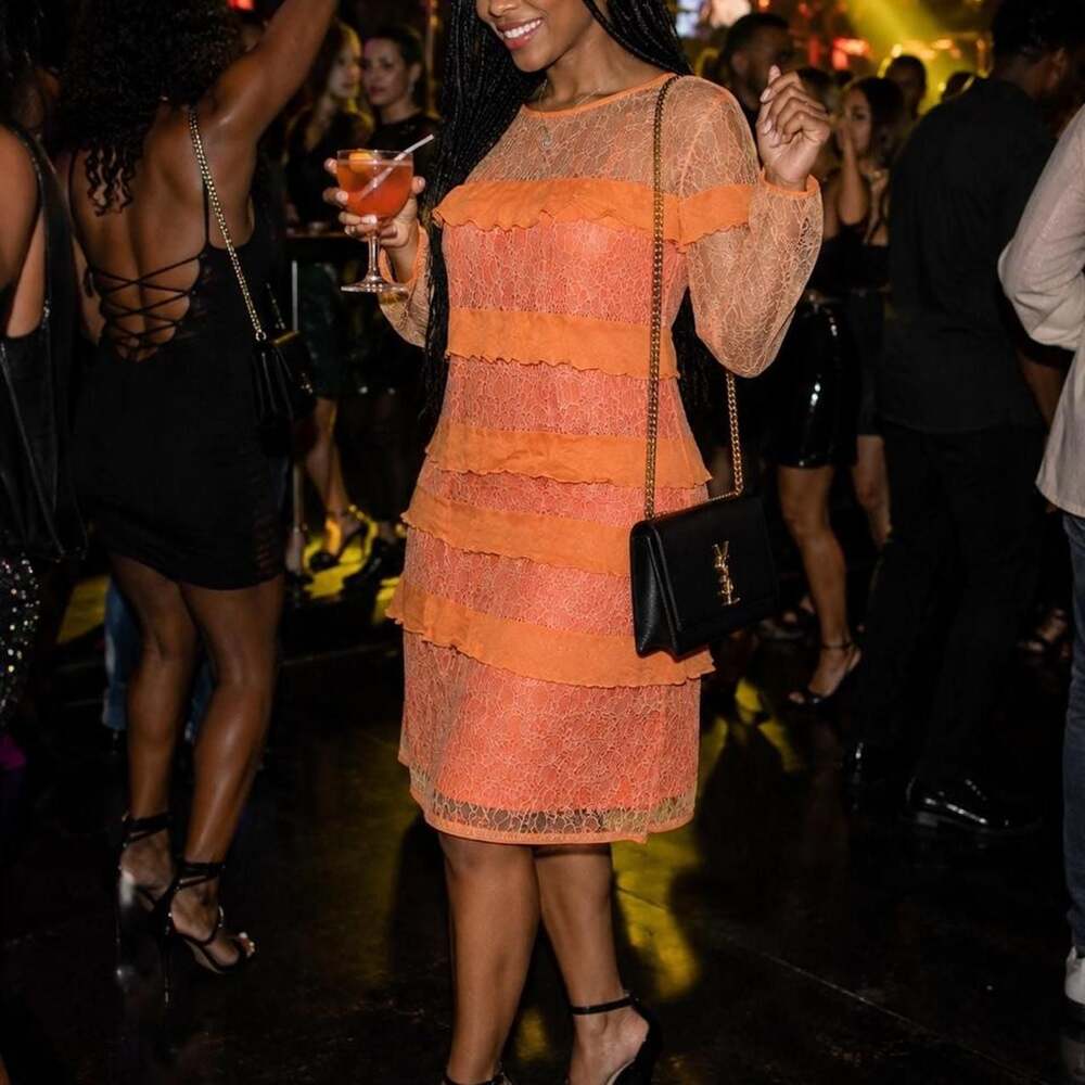 BCBGMAXAZRIA Y2K Orange Lace Tiered Ruffle Dress